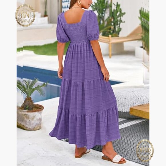 Polyester Puff Sleeve Square Neck High Waist Smocked Midi Dress - Picture 5 of 7